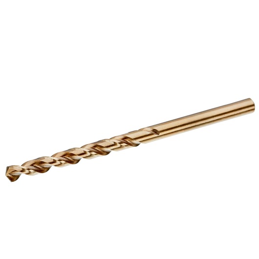 STANLEY STA50107 gold metal twist drill bit, side angle, on white background.