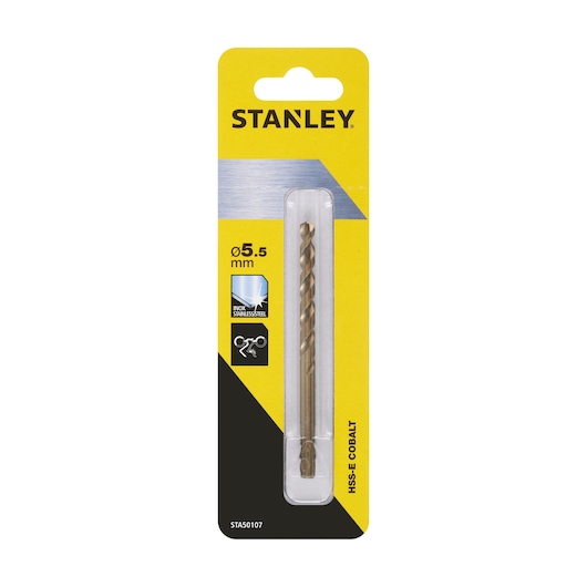 STANLEY STA50107 HSS-E cobalt drill bit 5.5mm in yellow and black retail packaging, front angle.