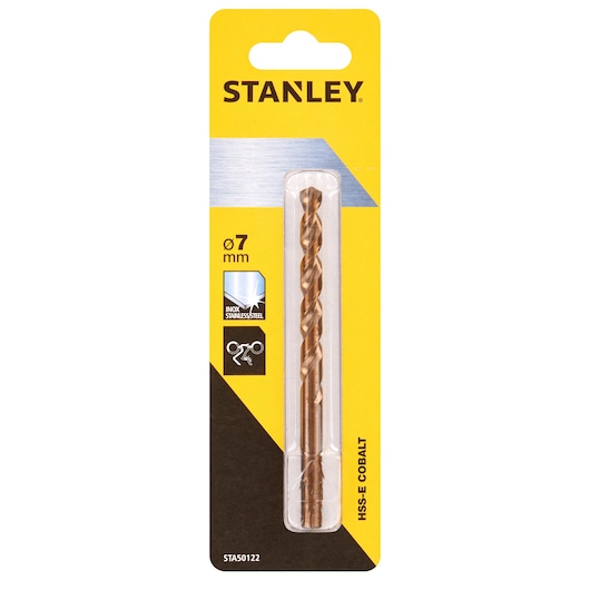 STANLEY STA50122 HSS-E cobalt drill bit, 7 mm, in retail packaging, photographed from front on white background.
