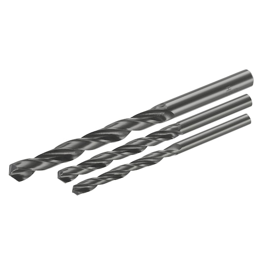 STANLEY STA50170 metal drill bit set, three pieces, black, side angle, photography.