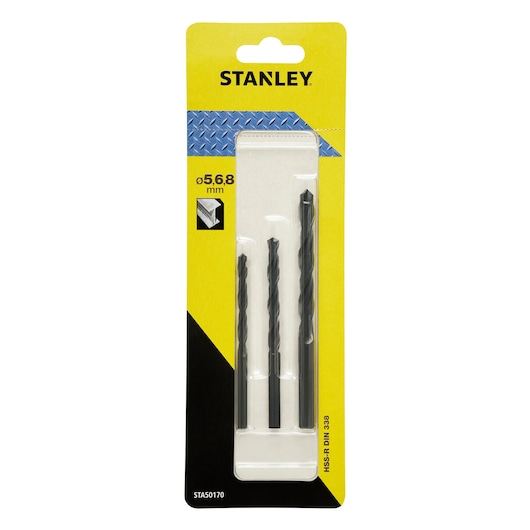 STANLEY STA50170 drill bit set, three pieces, HSS-R DIN 338, 5, 6, 8 mm, front angle, yellow-black card.