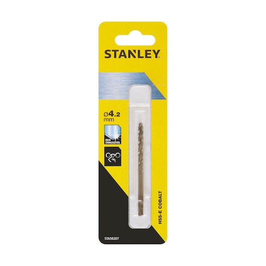Photo of STANLEY STA50207 HSS-E Cobalt drill bit 4.2mm in yellow and black retail packaging, front angle.