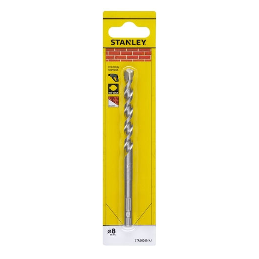 STANLEY STA50265-XJ masonry drill bit in yellow retail packaging, photographed front-on against white background.