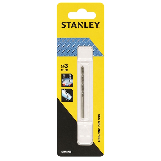 STANLEY STA50700 HSS-CNC DIN 338 3mm drill bit in retail packaging, front view.