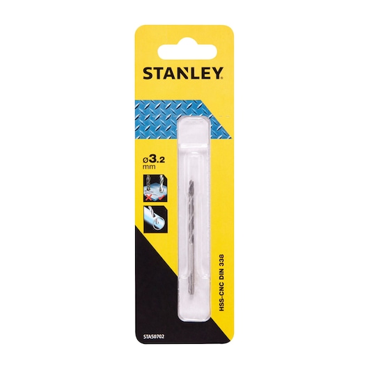 Stanley STA50702 HSS-CNC metal drill bit 3.2mm in yellow retail packaging, front angle.