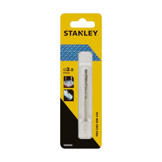 STANLEY STA50704 HSS-CNC drill bit, 3.5 mm, in retail packaging, front angle on white background.