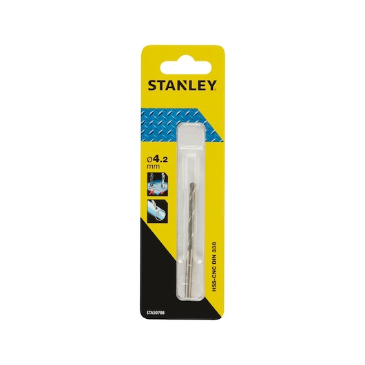 STANLEY STA50708 HSS-CNC metal drill bit, 4.2mm, product packaging, front view, yellow and blue design