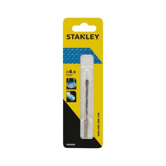 STANLEY STA50709 HSS-CNC DIN 338 4.5 mm metal drill bit in retail packaging, front angle photo.