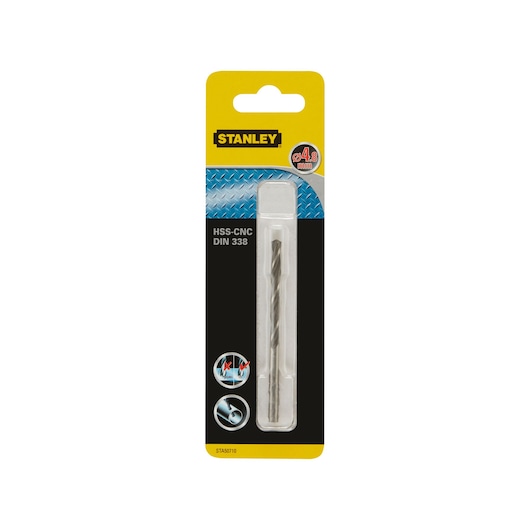 STANLEY STA50710 HSS-CNC DIN 338 drill bit in retail packaging, front view.