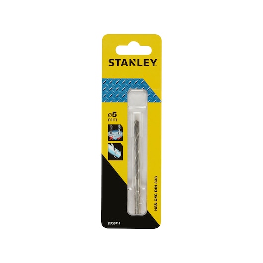 Photo of STANLEY STA50711 5mm HSS-CNC drill bit in yellow and black retail packaging, front view.