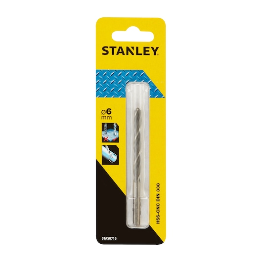 Photo of STANLEY STA50715 HSS-CNC drill bit 6mm in yellow and black retail packaging, front angle.