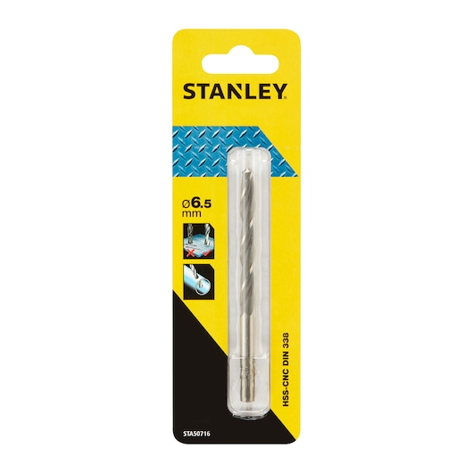 STANLEY STA50716 HSS-CNC DIN 338 drill bit 6.5 mm in retail packaging, front angle.