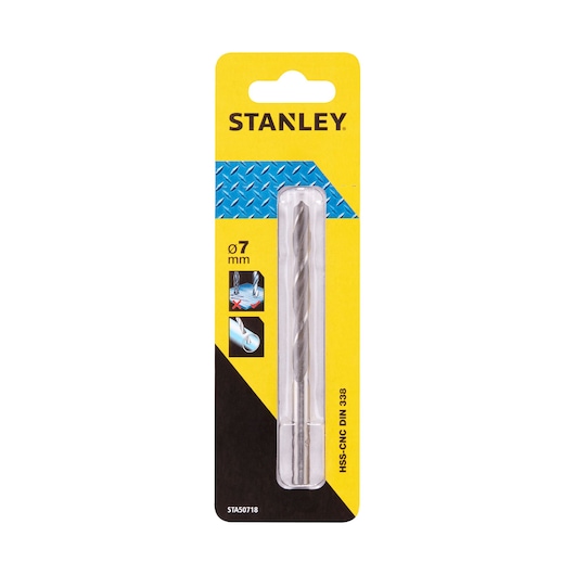 STANLEY STA50718 7mm HSS-CNC drill bit in yellow and black retail packaging, front angle.