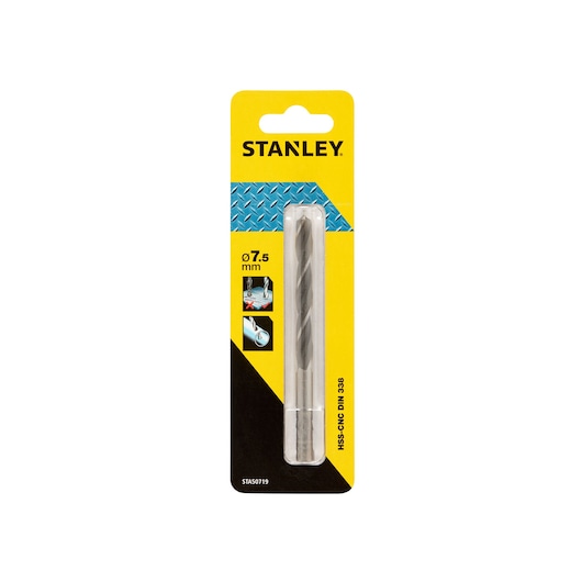 STANLEY STA50719 HSS-CNC DIN 338 7.5mm drill bit in retail packaging, front angle on white background.