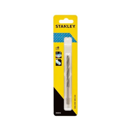 STANLEY STA50720 HSS-G metal drill bit 8mm in yellow and black blister packaging, front angle.