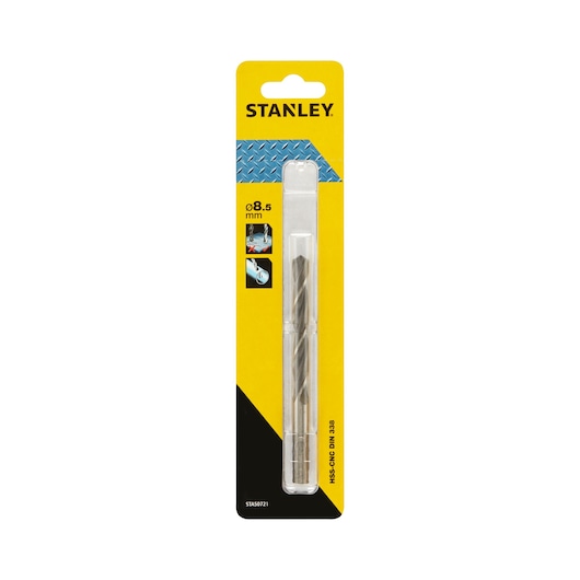 STANLEY STA50721 HSS drill bit 8.5mm in yellow and black retail packaging, front angle.