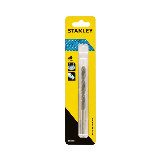 Stanley STA50722 HSS drill bit, 9mm, in yellow retail packaging, front angle.