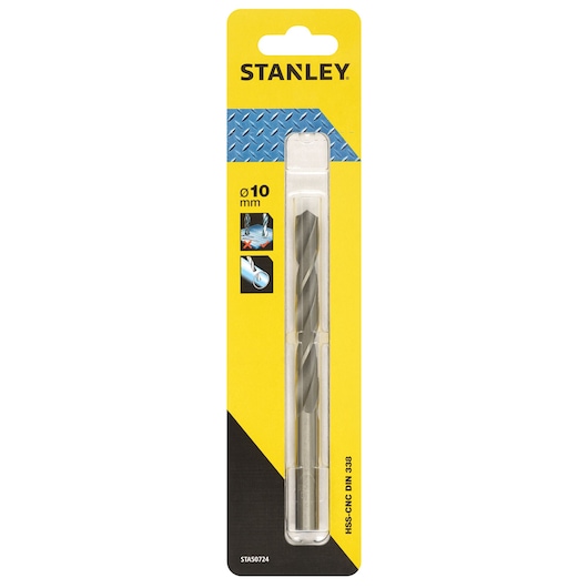 STANLEY STA50724 10mm HSS drill bit in retail packaging, shown upright on white background.