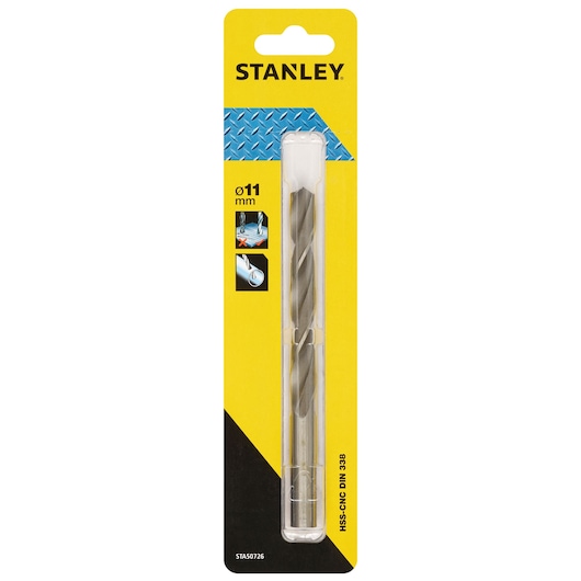 STANLEY STA50726 HSS drill bit, 11mm, front packaging photo, metal drill bit in clear case.