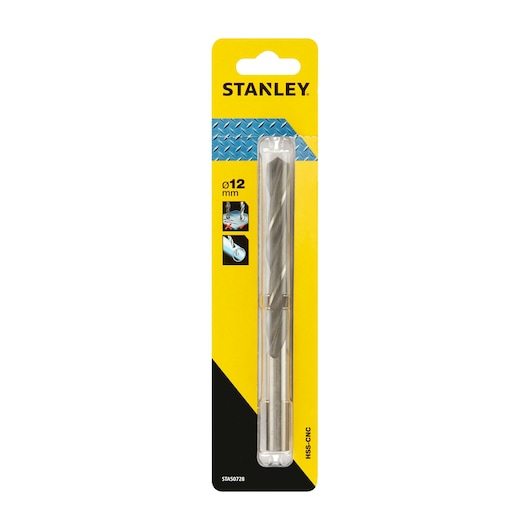 STANLEY STA50728 HSS-CNC 12mm drill bit, silver, in retail packaging, product photo on white background.