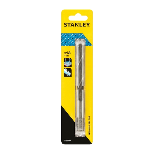 STANLEY STA50730 HSS drill bit 13mm in retail packaging, front angle, yellow and black card.