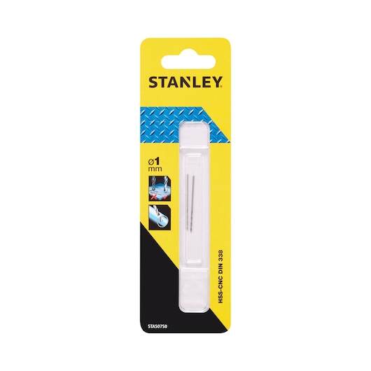 STANLEY STA50750 metal drill bits set, 1mm HSS-CNC DIN 338, packaged, product front on white background.