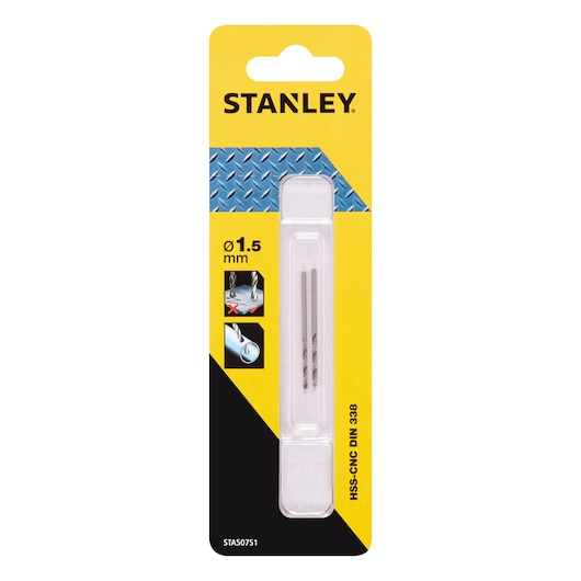 STANLEY STA50751 1.5mm HSS-CNC drill bits, three pieces in blister pack, front angle on white background.