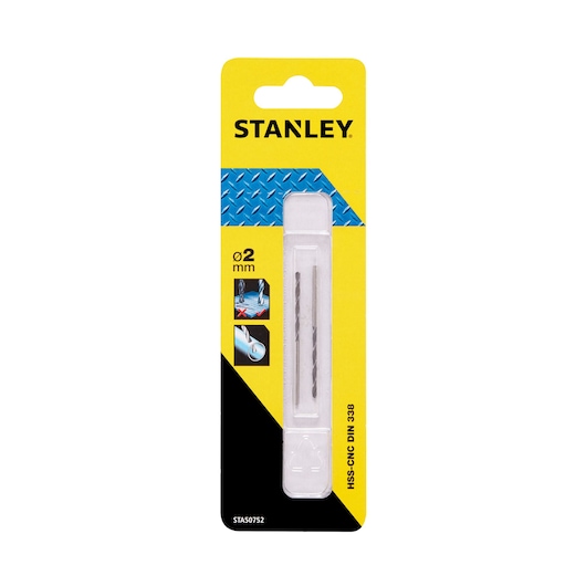 STANLEY STA50752 HSS-CNC DIN 338 2mm drill bit pack, photography, front view on white background.