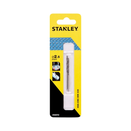 STANLEY STA50753 HSS-CNC drill bit 2.5 mm, photography of product in retail packaging, front angle.