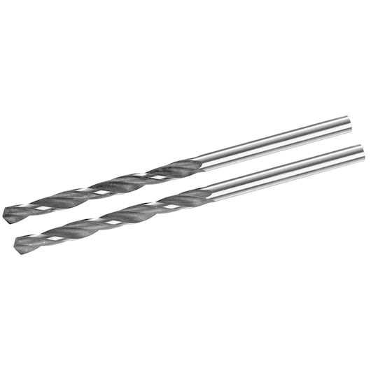 STANLEY STA51023 metal drill bit set, two silver twist drill bits, side angle, white background.