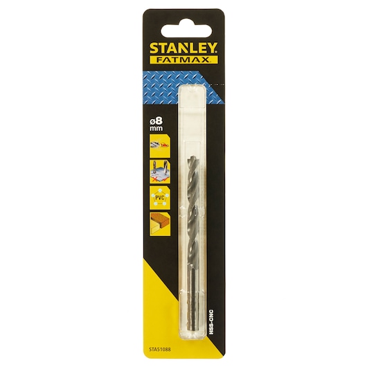 STANLEY STA51088 8mm HSS-CNC drill bit in retail packaging, vertical front view.