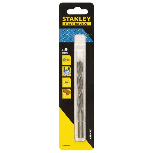 STANLEY STA51098 drill bit set, 9mm, in retail packaging, front angle view.