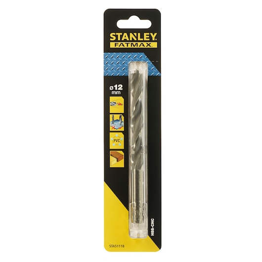 Photo of STANLEY STA51118 drill bit 12mm packaged, FATMAX branding, black and yellow blister on white background.