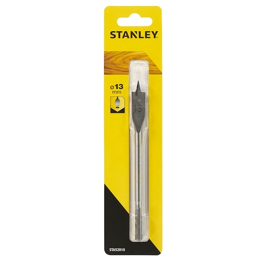 STANLEY STA52010 flat wood drill bit 13mm, front angle, in yellow and black retail packaging.