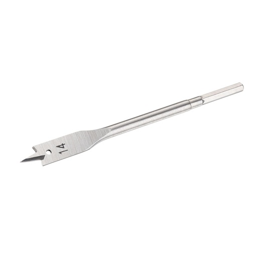 Metal flat wood drill bit with pointed tip, marked 14, isolated on white background.