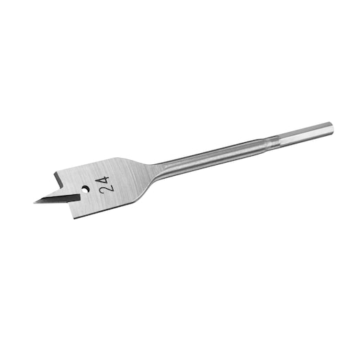 Photo of STANLEY STA52045 flat wood spade drill bit, silver color, side angle on white background.