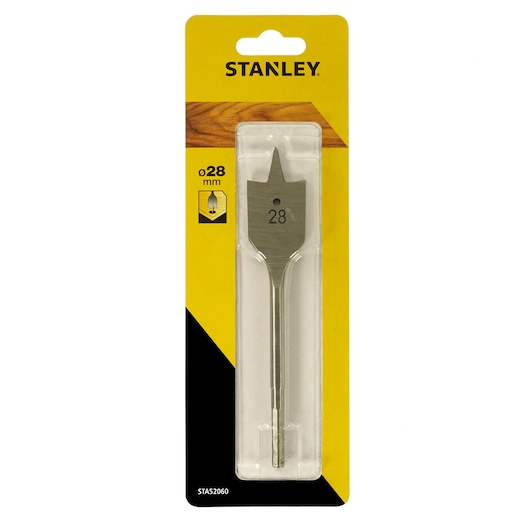 Photo of STANLEY STA52060 flat wood drill bit 28mm in retail packaging, front angle.