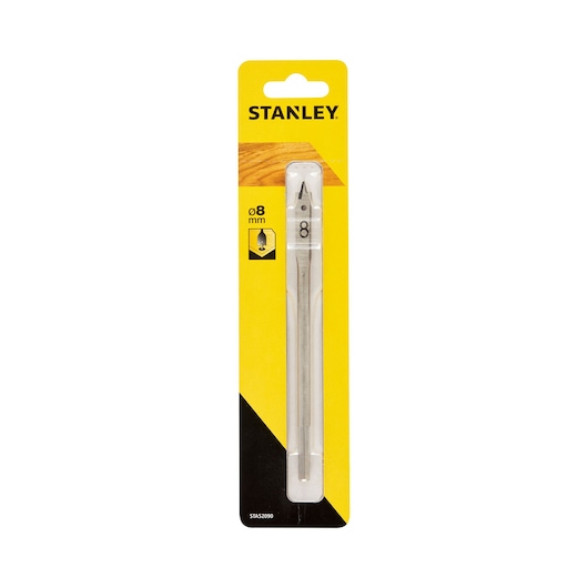 STANLEY STA52090-QZ 8mm flat wood drill bit in yellow and black packaging, front angle photo.