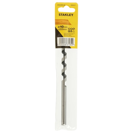 STANLEY STA52095 wood drill bit 10mm x 200mm in retail packaging, front angle on white background.