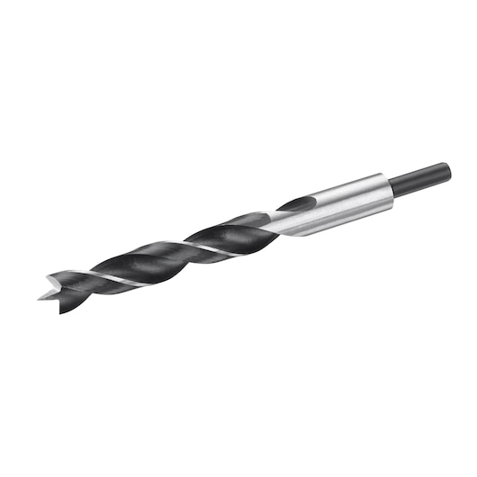 STANLEY STA52098 wood drill bit, black and silver, side angle, plain background.