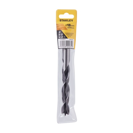 STANLEY STA52098 wood drill bit 18mm x 200mm in retail packaging, front angle, on white background.