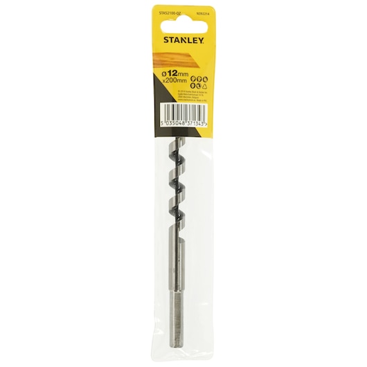Stanley STA52100 auger drill bit, 12mm x 200mm, front view in packaging.