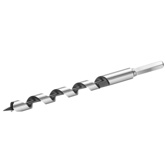 STANLEY STA52105 auger drill bit, silver and black, hex shank, wood drilling accessory, side angle on white background.