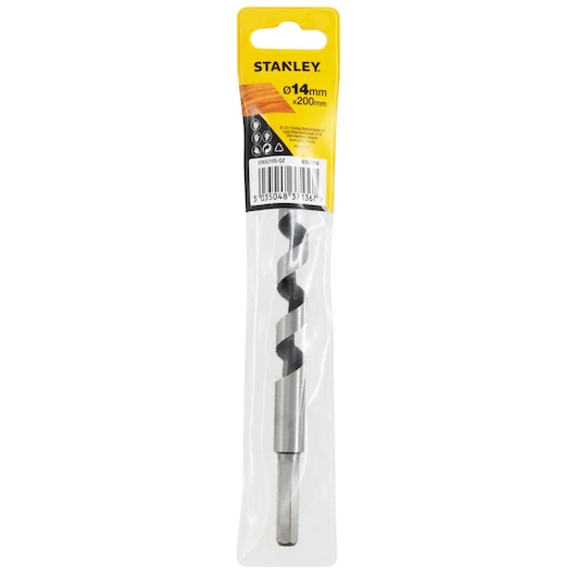 STANLEY STA52105 auger drill bit, 14mm x 200mm, in retail packaging, front view, silver and black.