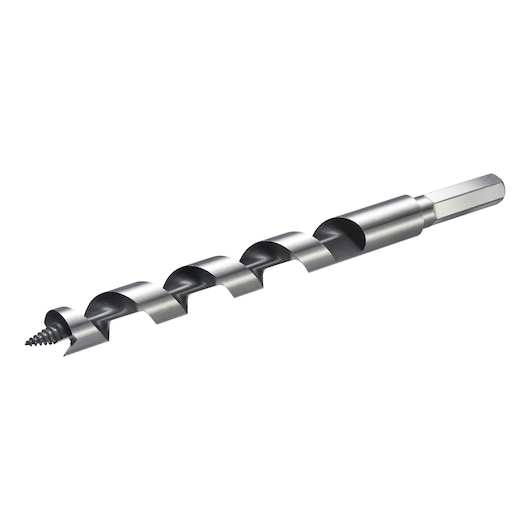 STANLEY STA52110 auger drill bit with hex shank, spiral flute, silver, side angle on white background.