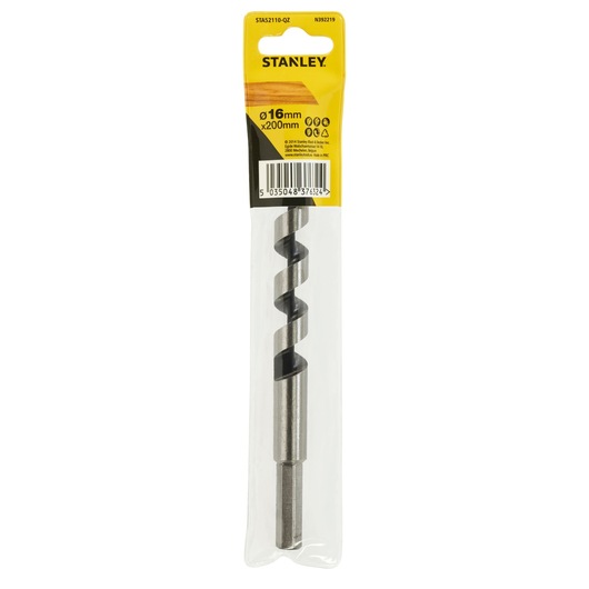 STANLEY STA52110 auger drill bit 16mm x 200mm in retail packaging, front angle photo.