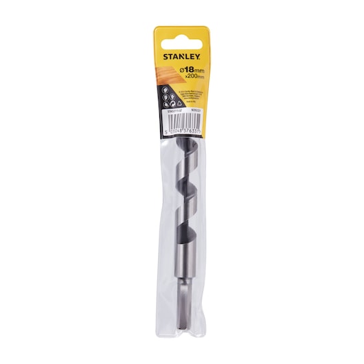 STANLEY STA52115 wood auger drill bit, 18mm x 200mm, front view in retail packaging.