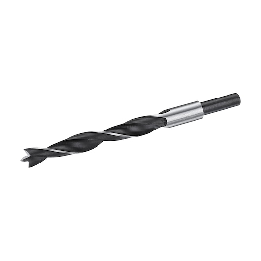 STANLEY STA52246 wood drill bit, black and silver, side angle, photography on white background.