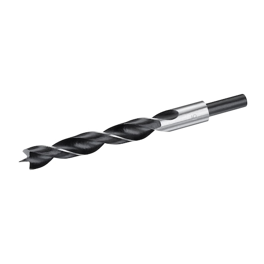 STANLEY STA52251 wood drill bit, black and silver, side angle product photo on white background.