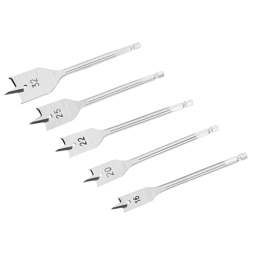 STANLEY STA52275 flat wood drill bit set, five silver bits in sizes 16-32mm, angled top view on white background.